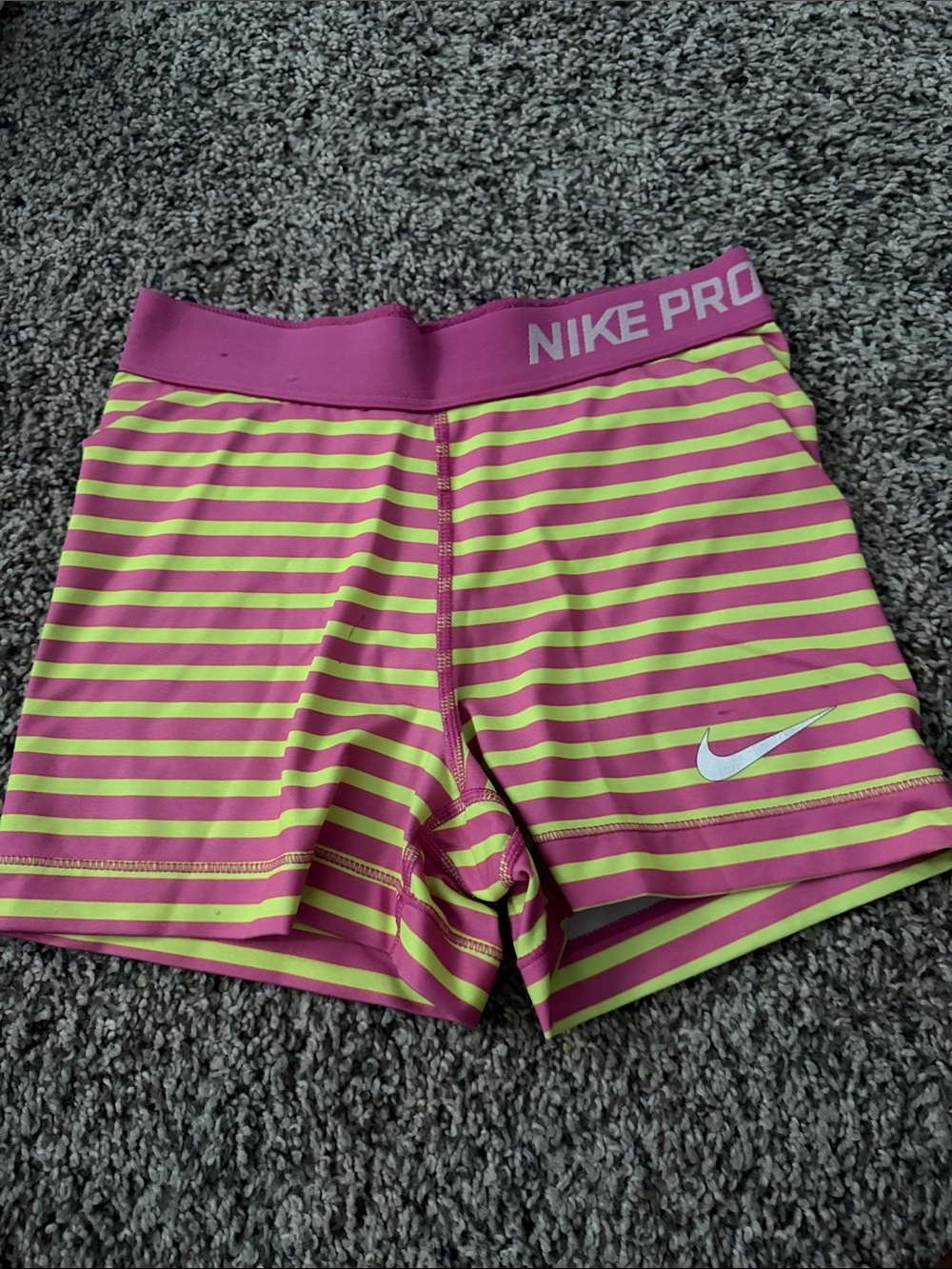 Nike Pro Pink and Neon Yellow Striped Athletic Shorts